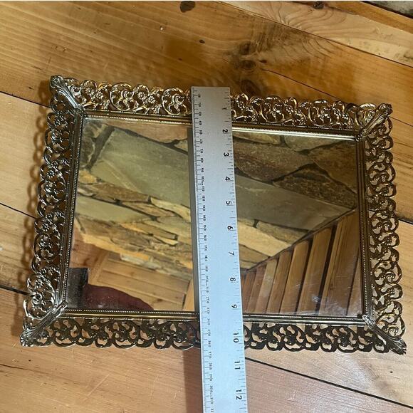 Vintage Vanity Tray Rectangular Mirrored Gold Brass Filigree Edge Footed Back - Picture 6 of 6